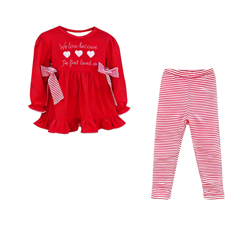 Baby Girls Red Hearts Bows Tunic Stripes Leggings Valentine Clothes Sets Preorder