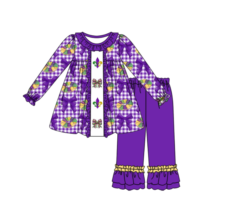 Baby Girls Mardigras Donuts Anchor Bows Checked Tunic Ruffle Pants Clothes Sets Preorder