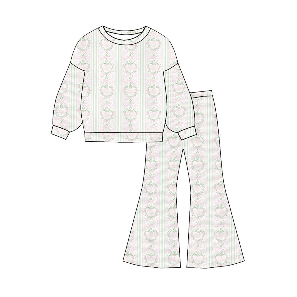 Baby Girls Floral Hearts Stripe Top Flare Bottom Pants Clothes Sets Preorder
