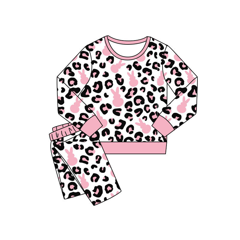 Baby Girls Pink Rabbits Leopard Top Pants Easter Pajamas Sets Preorder