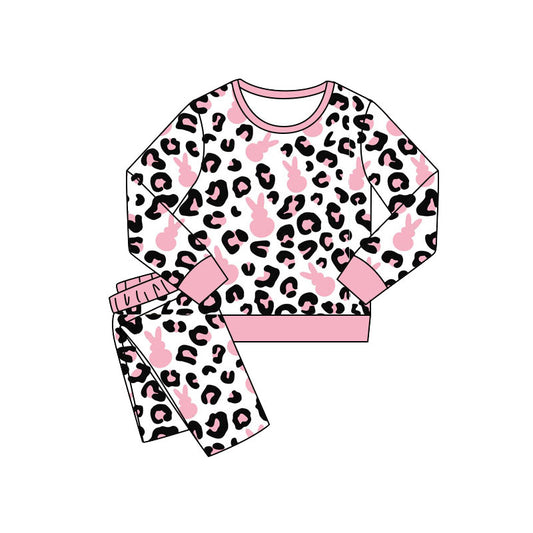 Baby Girls Pink Rabbits Leopard Top Pants Easter Pajamas Sets Preorder