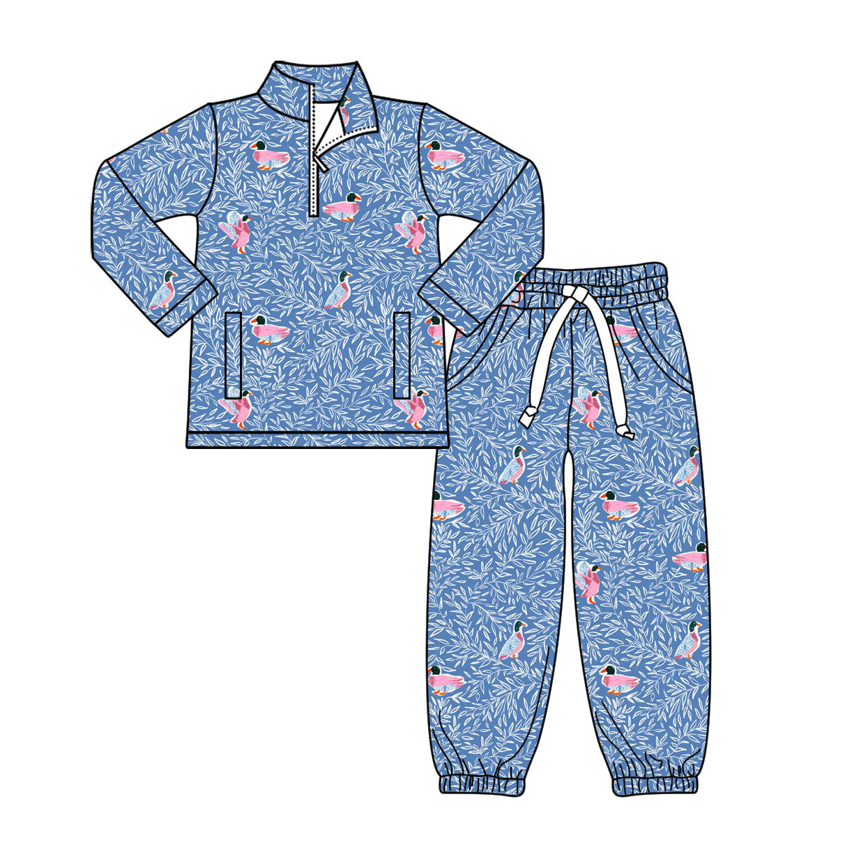 Baby Girls Ducks Zipper Pockets Pullovers Joggers Clothes Sets Preorder