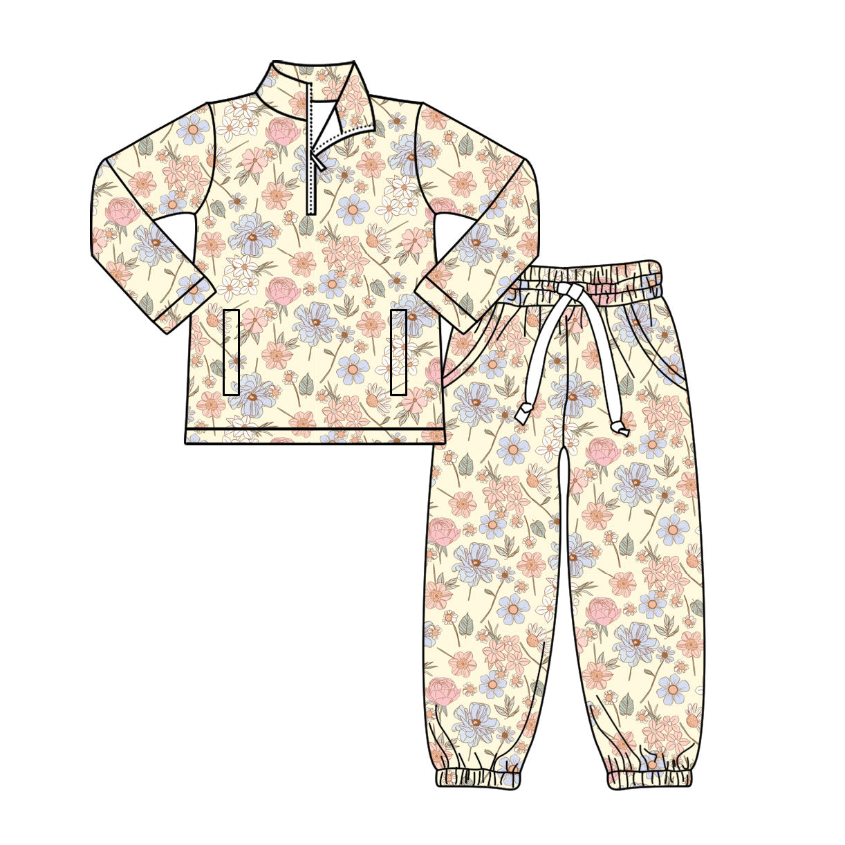 Baby Girls Flowers Zipper Pockets Pullovers Joggers Clothes Sets Preorder