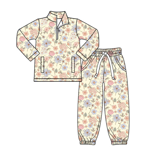 Baby Girls Flowers Zipper Pockets Pullovers Joggers Clothes Sets Preorder