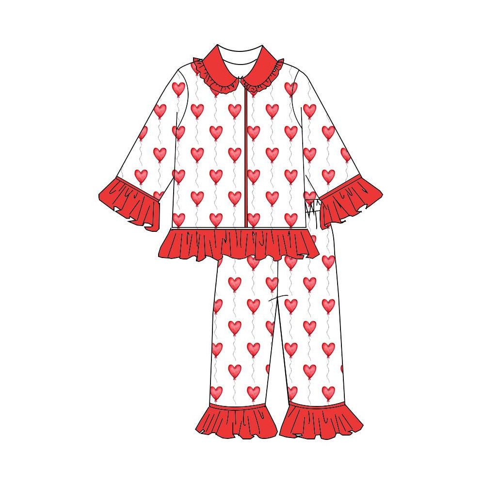 Baby Girls Hearts Balloons Button Ruffle Pants Valentines Pajamas Sets Preorder