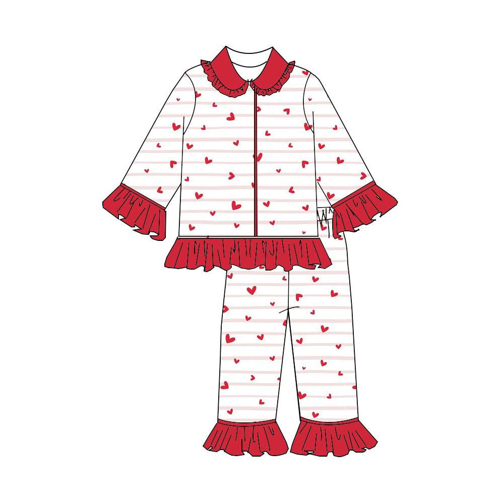 Baby Girls Hearts Stripes Button Ruffle Pants Valentines Pajamas Sets Preorder