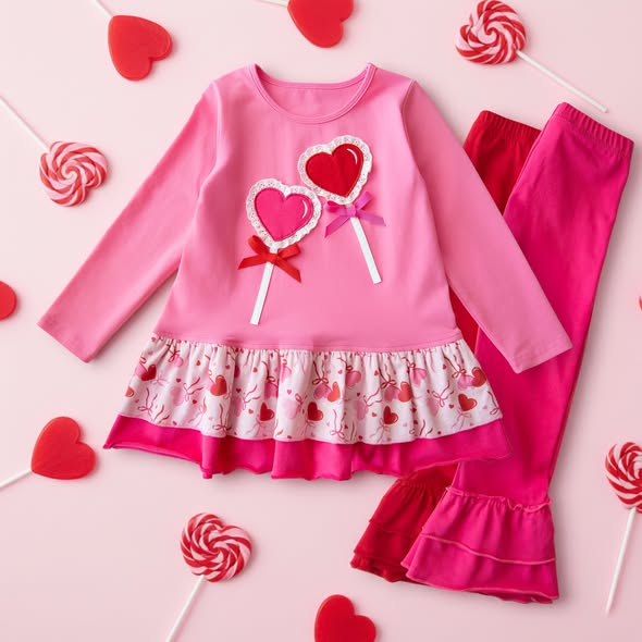 Baby Girls Bows Hearts Ruffle Tunic Pants Valentines Clothes Sets Preorder