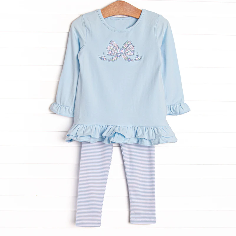 Baby Girls Blue Floral Bows Tunic Stripe Leggings Clothes Sets Preorder