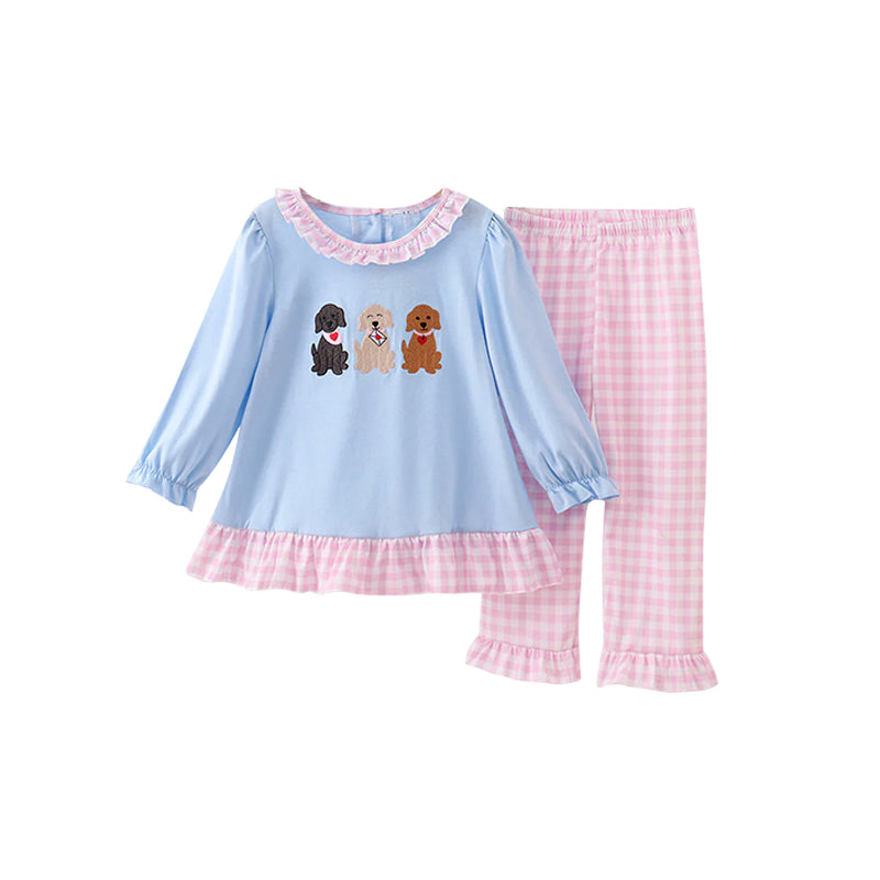Baby Girls Hearts Dogs Collar Tunic Checked Ruffle Pants Valentines Clothes Sets Preorder