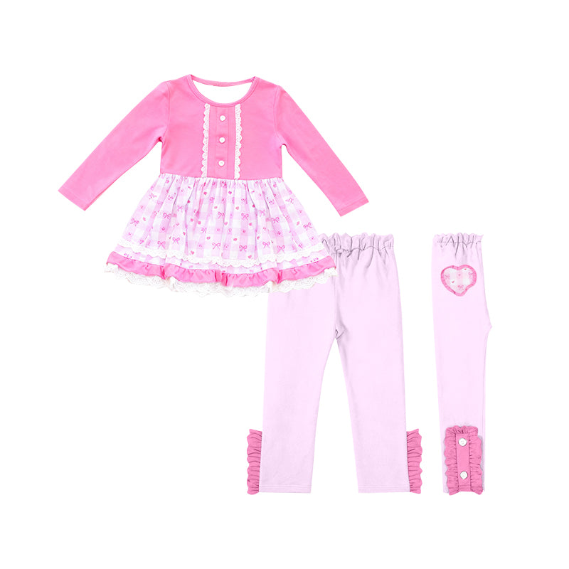 Baby Girls Pink Bows Checked Button Tunic Leggings Clothes Sets Preorder