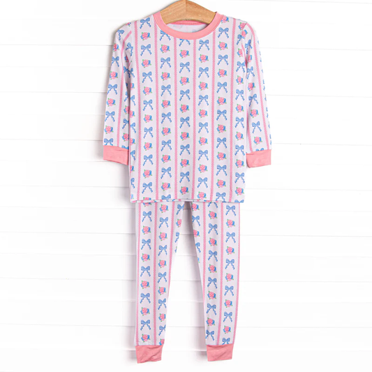 Baby Girls Pink Blue Bows Flowers Stripe Top Pants Pajamas Sets Preorder