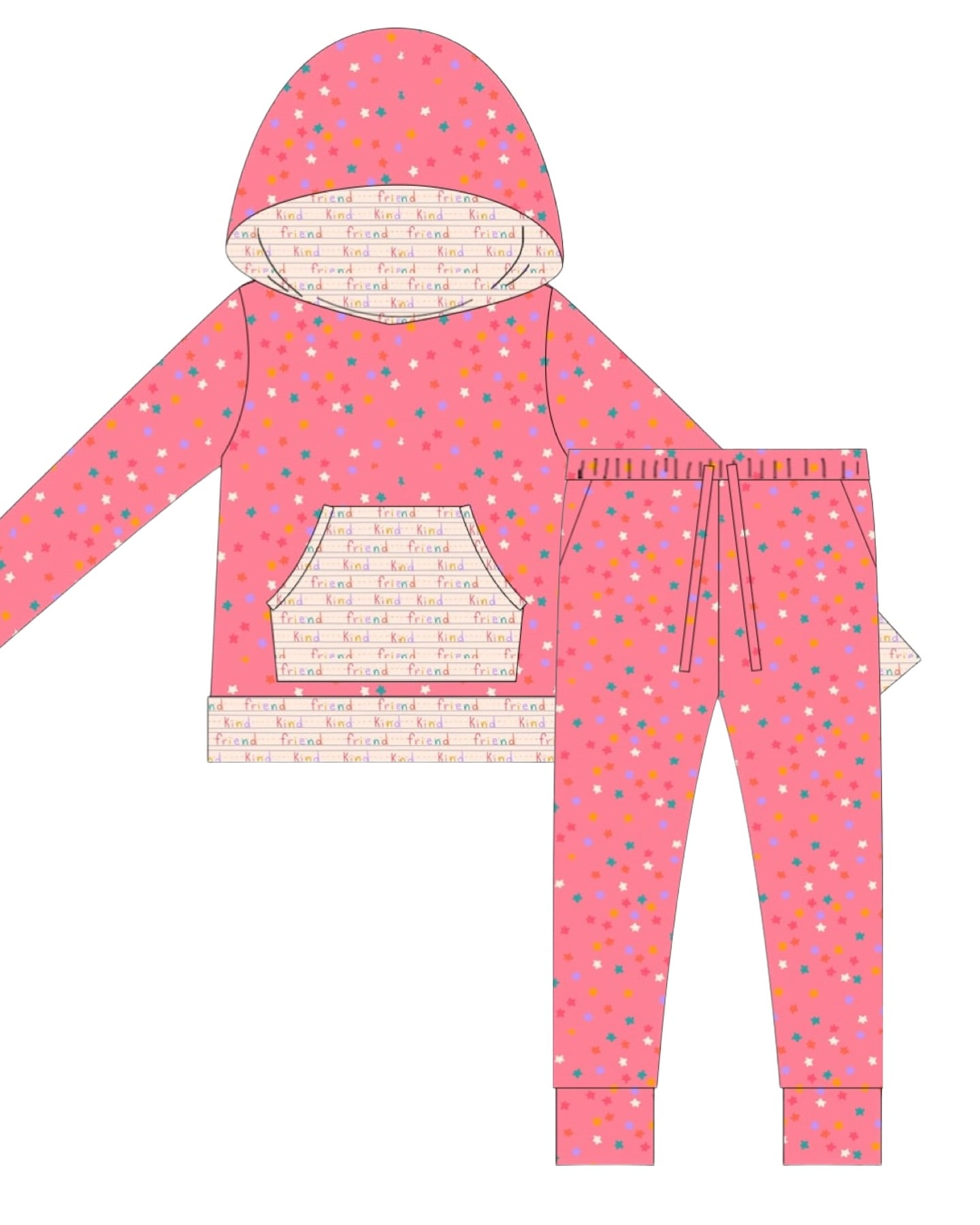 Baby Girls Colorful Stars Kind Friend Pocket Hoodie Pocket Pant Clothes Set Preorder