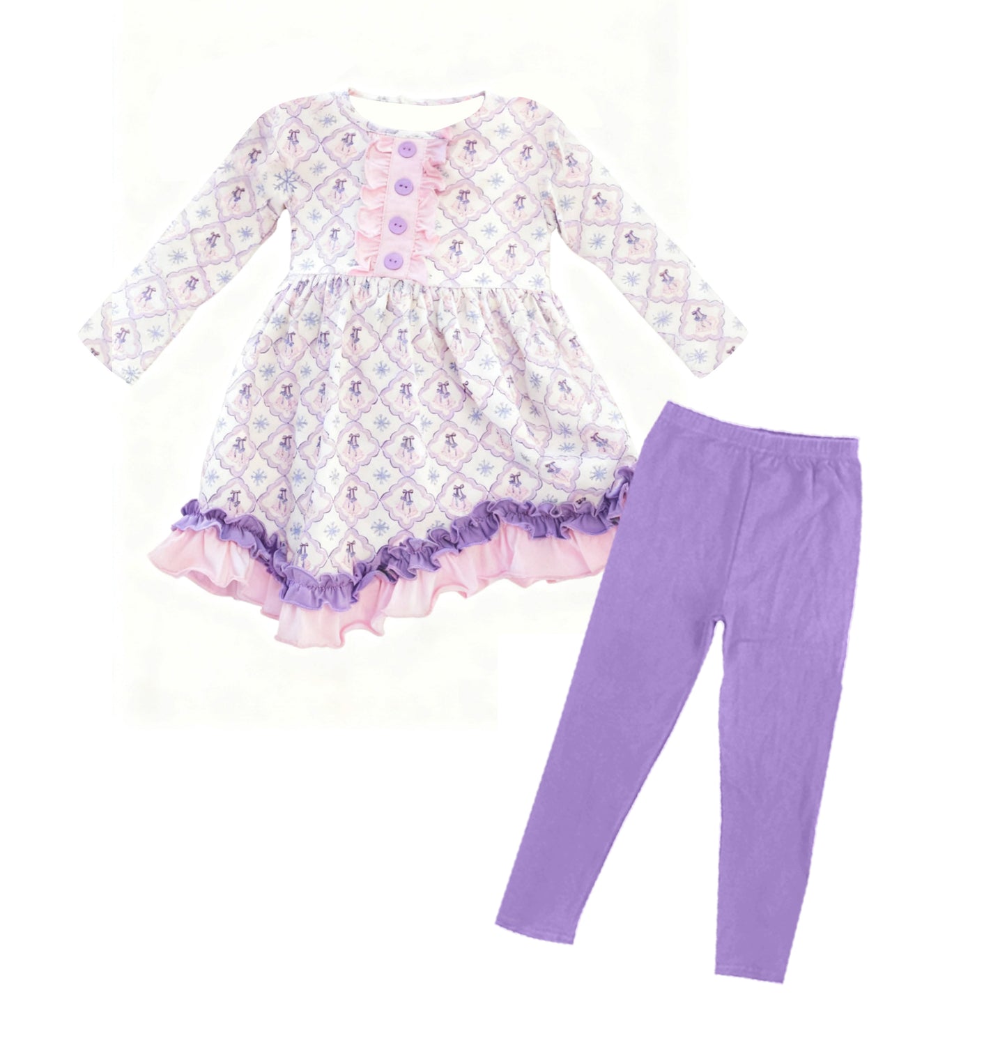 Baby Girls Lavender Flowers Checked Button Tunic Leggings Clothes Sets Preorder