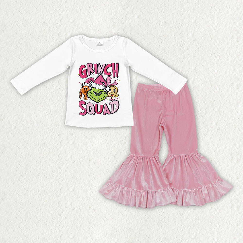 GLP3184Baby Girls Grin Squad Top Pink Velvet Ruffle Bell Bottom Pants Christmas Clothes Sets