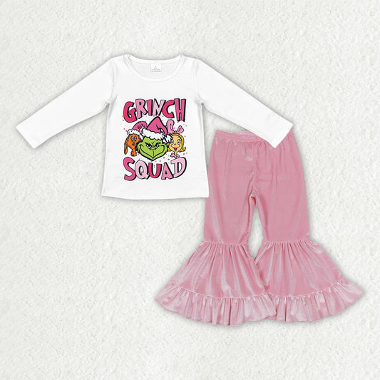 GLP3184Baby Girls Grin Squad Top Pink Velvet Ruffle Bell Bottom Pants Christmas Clothes Sets