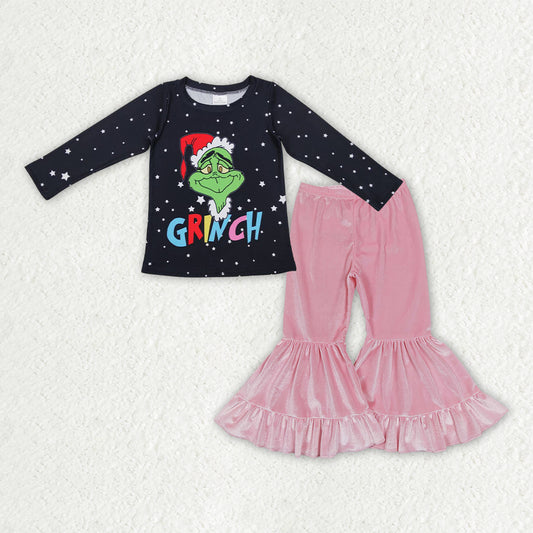 Baby Girls Grin Snowflakes Top Pink Velvet Ruffle Bell Bottom Pants Christmas Clothes Sets