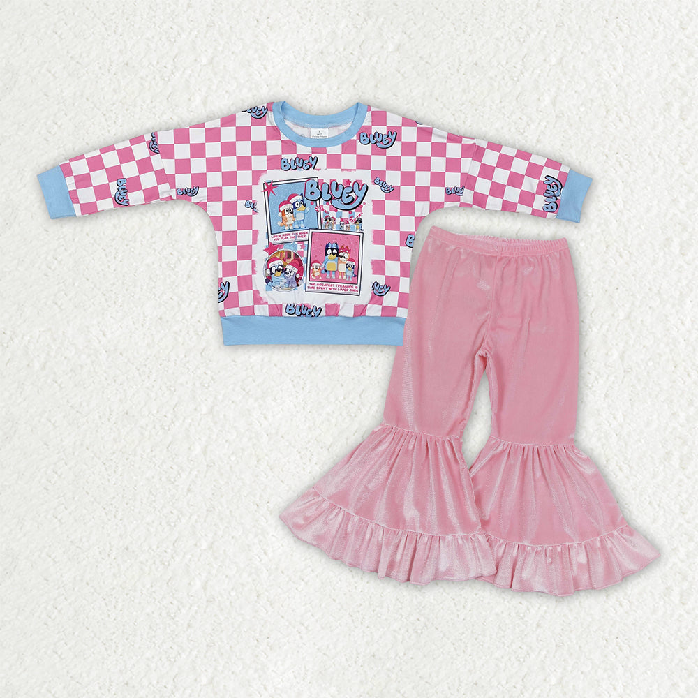 Baby Girls Pink Checked Blue Dogs Top Velvet Ruffle Bell Bottom Pants Christmas Clothes Sets