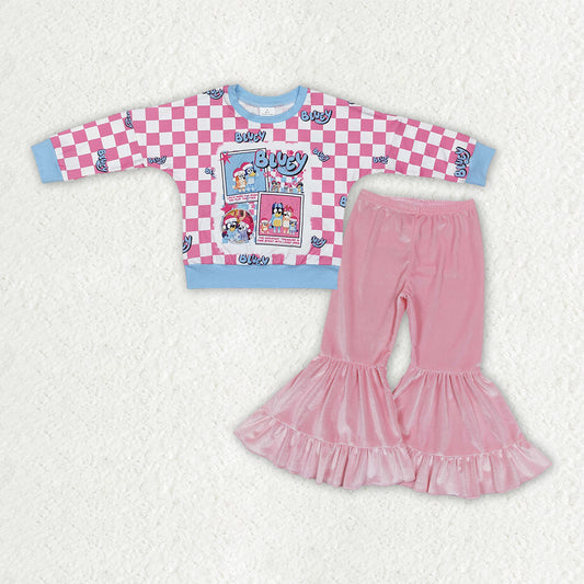 Baby Girls Pink Checked Blue Dogs Top Velvet Ruffle Bell Bottom Pants Christmas Clothes Sets