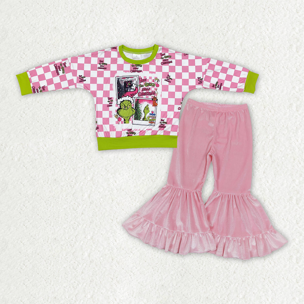 Baby Girls Pink Checked Grin Top Velvet Ruffle Bell Bottom Pants Christmas Clothes Sets
