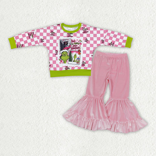 Baby Girls Pink Checked Grin Top Velvet Ruffle Bell Bottom Pants Christmas Clothes Sets