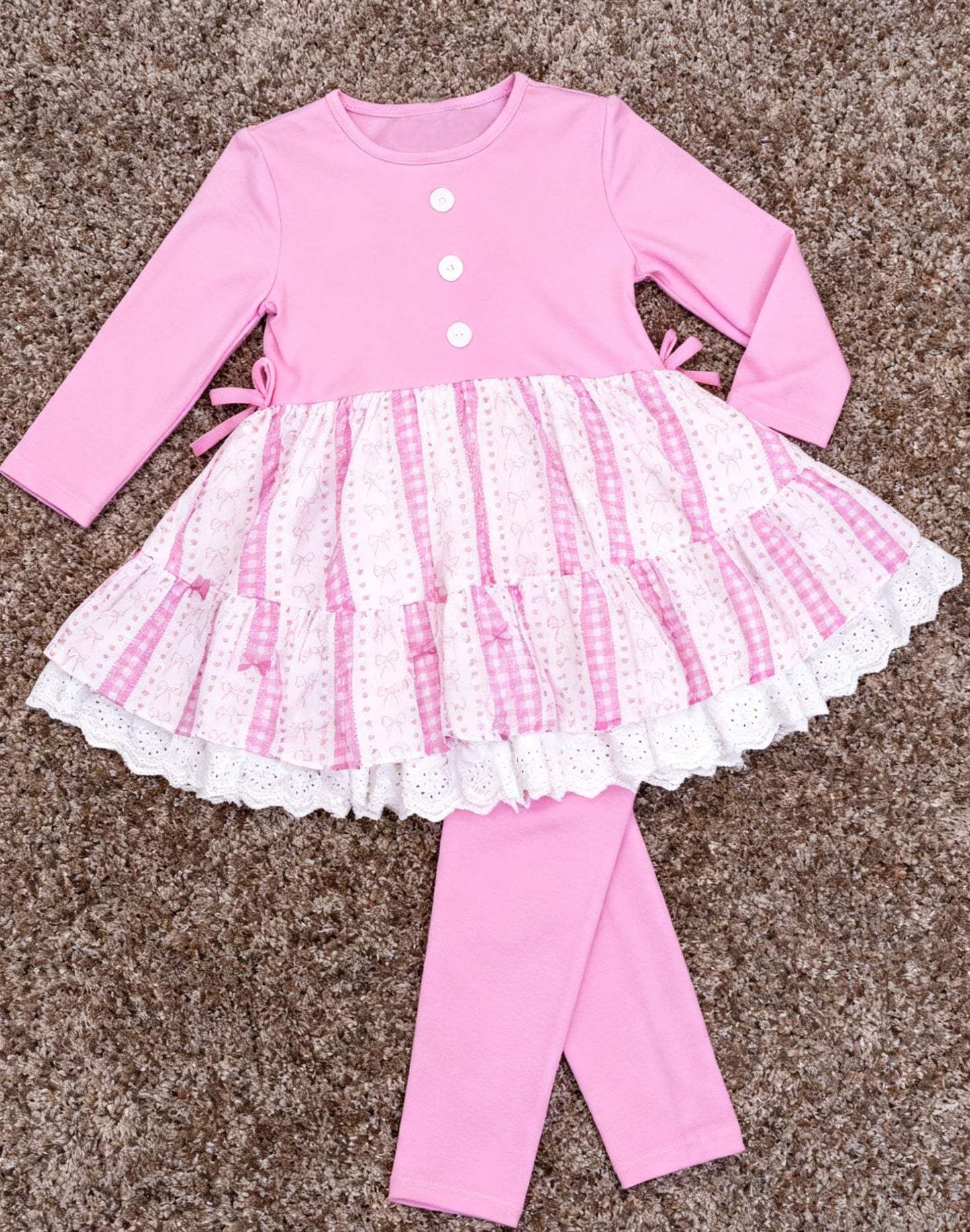 Baby Girls Pink Bows Hearts Stripes Button Tunic Leggings Valentines Sets Preorder