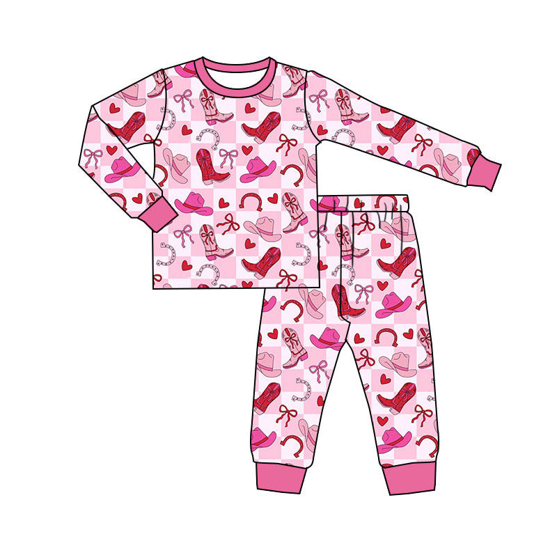 Baby Girls Pink Checked Boots Hearts Top Pants Valentines Pajamas Sets Preorder