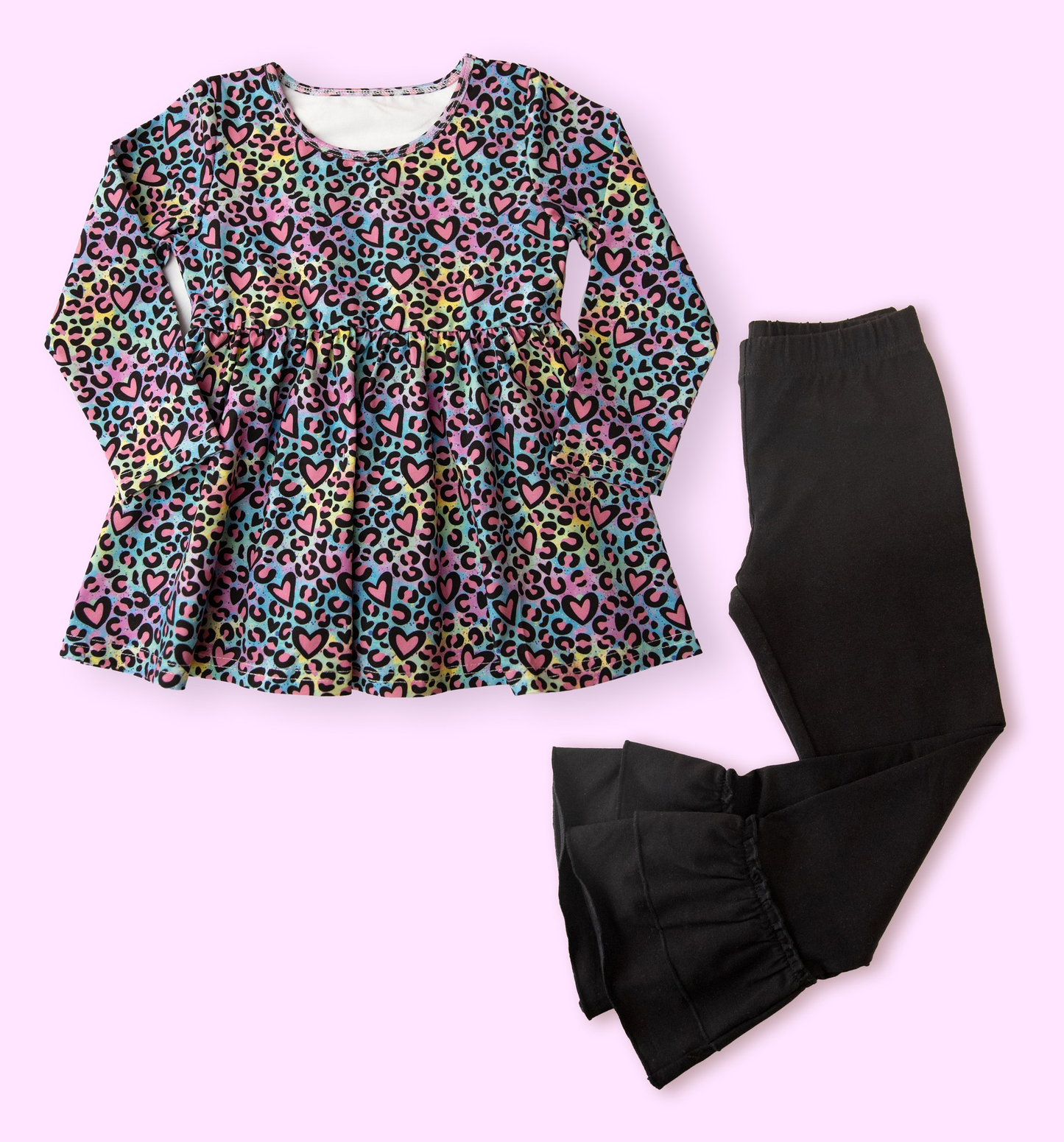 Baby Girls Heart Leopard Tunic Bell Bottom Pants Valentines Clothes Sets Preorder