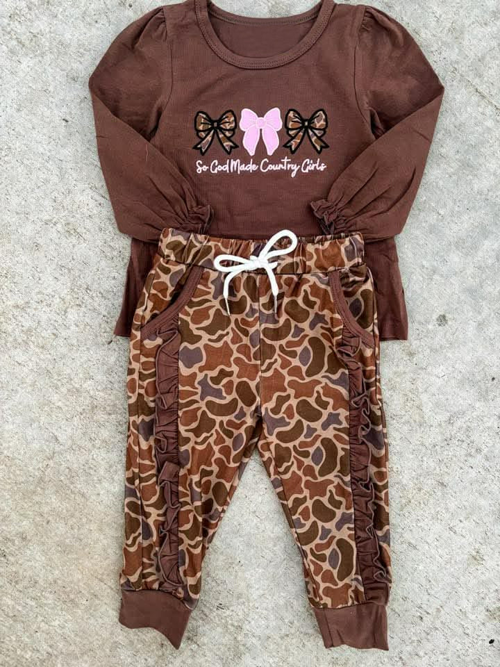 Baby Country Girls Camo Bows Tunic Pockets Jogger Western Clothes Sets Preorder