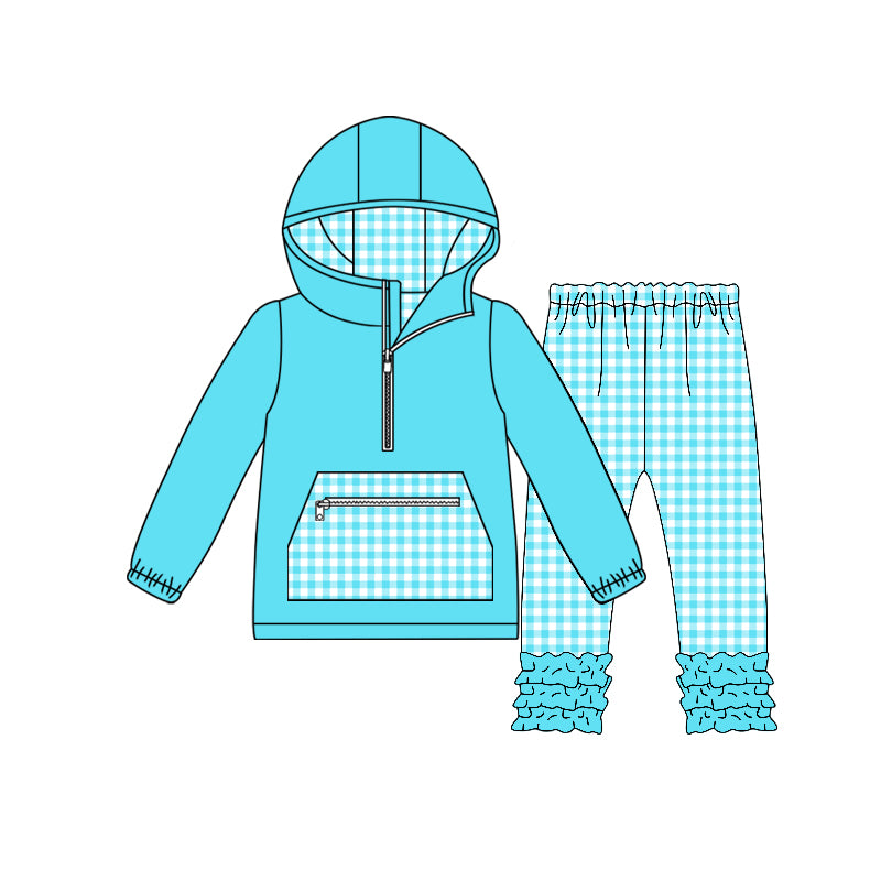 Baby Girls Blue Checked Pocket Zipper Hoodie Ruffle Leggings Clothes Sets Preorder