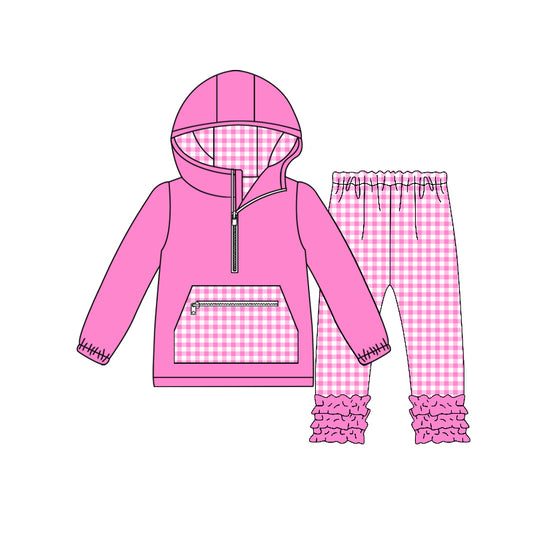 Baby Girls Pink Checked Pocket Zipper Hoodie Ruffle Leggings Clothes Sets Preorder