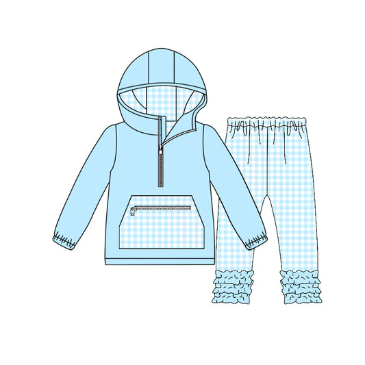 Baby Girls Blue Checked Pocket Zipper Hoodie Ruffle Leggings Clothes Sets Preorder