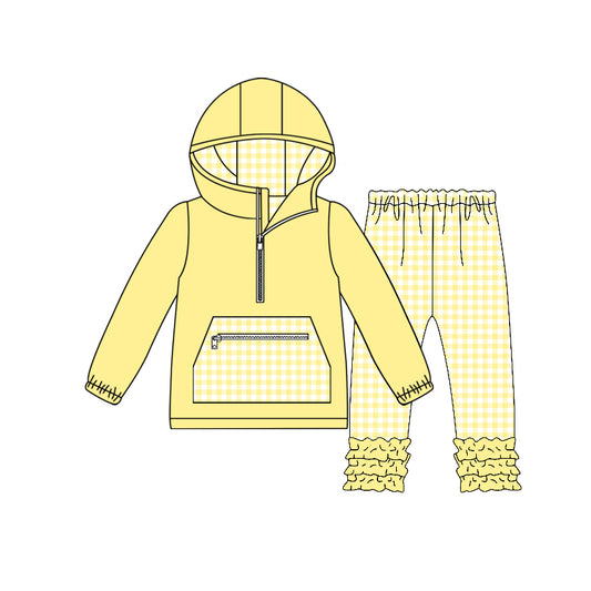 Baby Girls Yellow Checked Pocket Zipper Hoodie Ruffle Leggings Clothes Sets Preorder