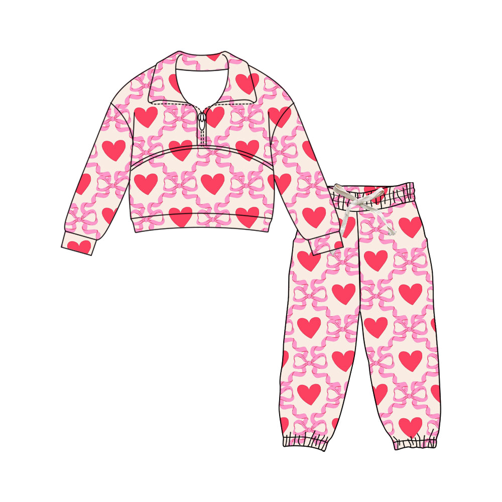 Baby Girls Bow Hearts Checked Zipper Pullovers Pant Valentines Clothes Sets Preorder