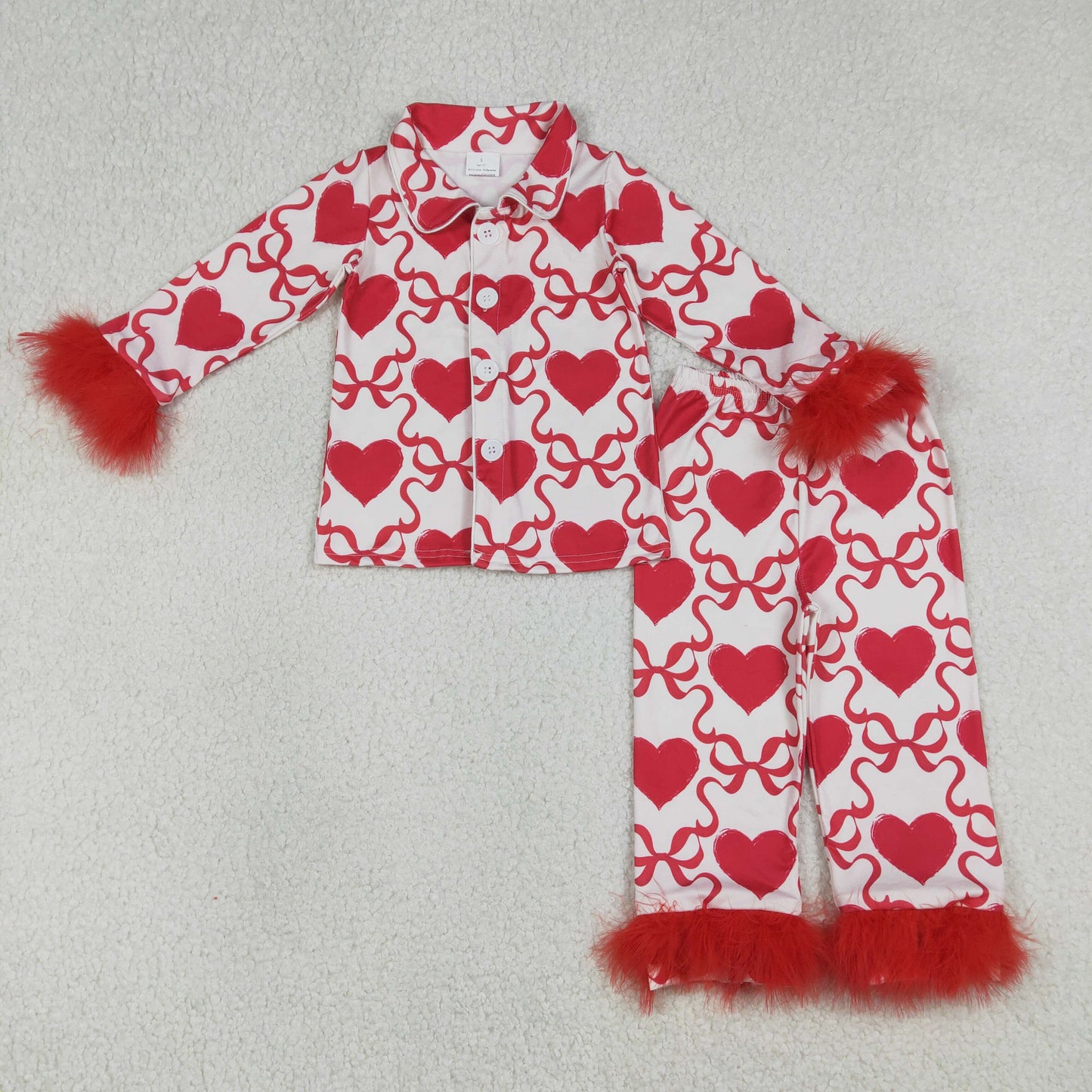 Baby Girls Bow Hearts Checked Button Top Pant Valentines Fur Sleeve Pajamas Sets
