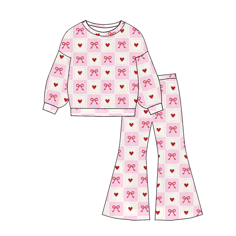 Baby Girls Pink Bows Hearts Checked Top Flare Pants Valentines Clothes Sets Preorder