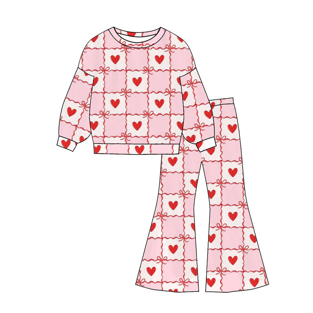 Baby Girls Red Hearts Bows Checked Top Flare Pants Valentines Clothes Sets Preorder