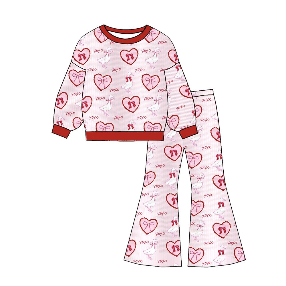 Baby Girls Goose Hearts Bows XOXO Top Flare Pants Valentines Clothes Sets Preorder