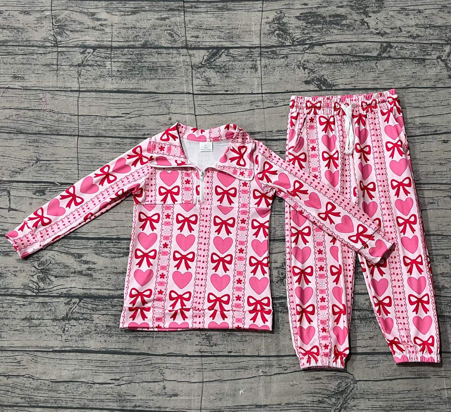 Baby Girls Bows Hearts Stripe Zipper Pullovers Jogger Valentines Clothes Sets
