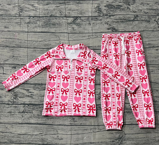 Baby Girls Bows Hearts Stripe Zipper Pullovers Jogger Valentines Clothes Sets