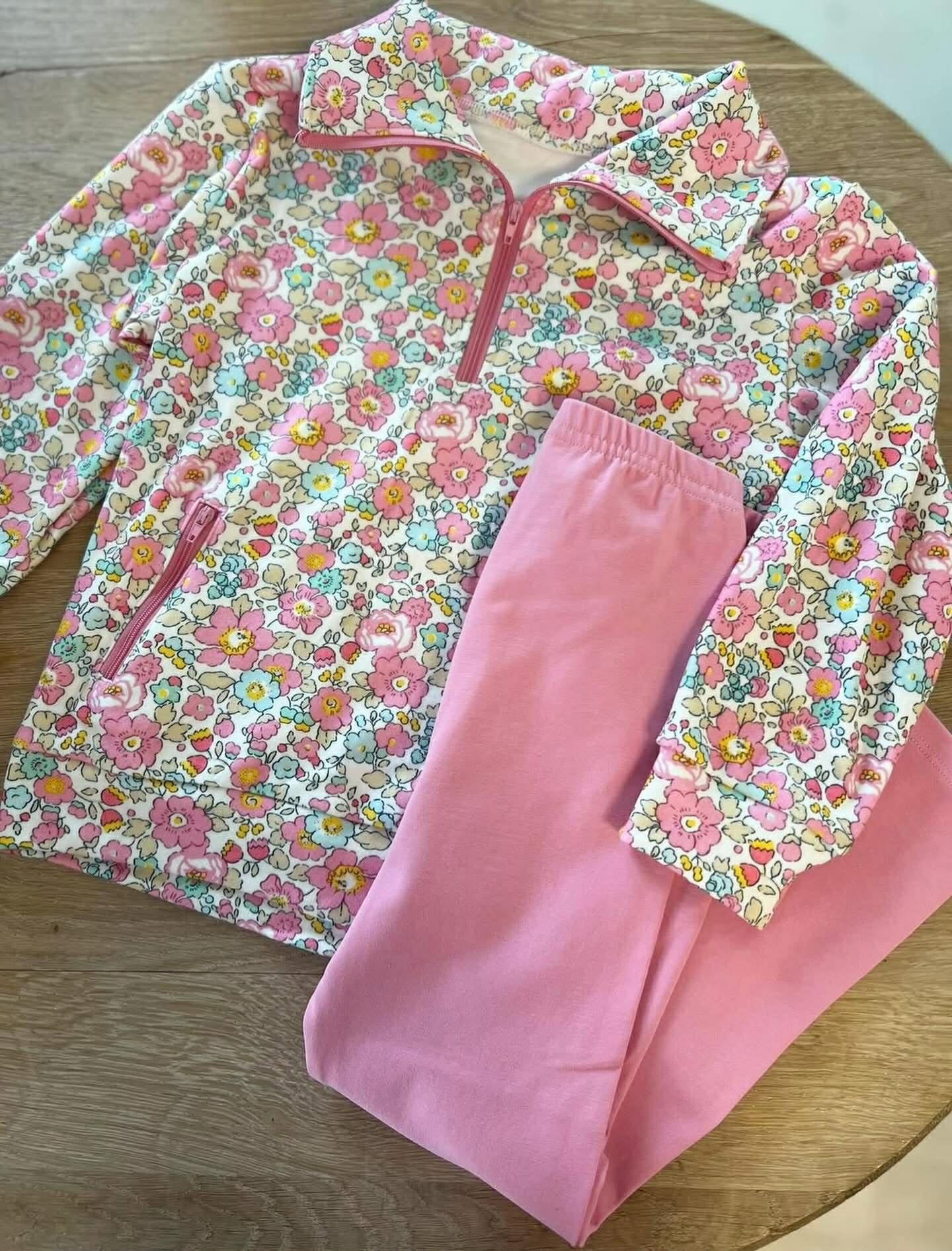 Baby Girls Pink Flowers Zipper Pockets Pullovers Leggings Clothes Sets Preorder