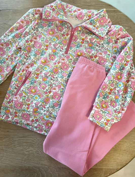 Baby Girls Pink Flowers Zipper Pockets Pullovers Leggings Clothes Sets Preorder