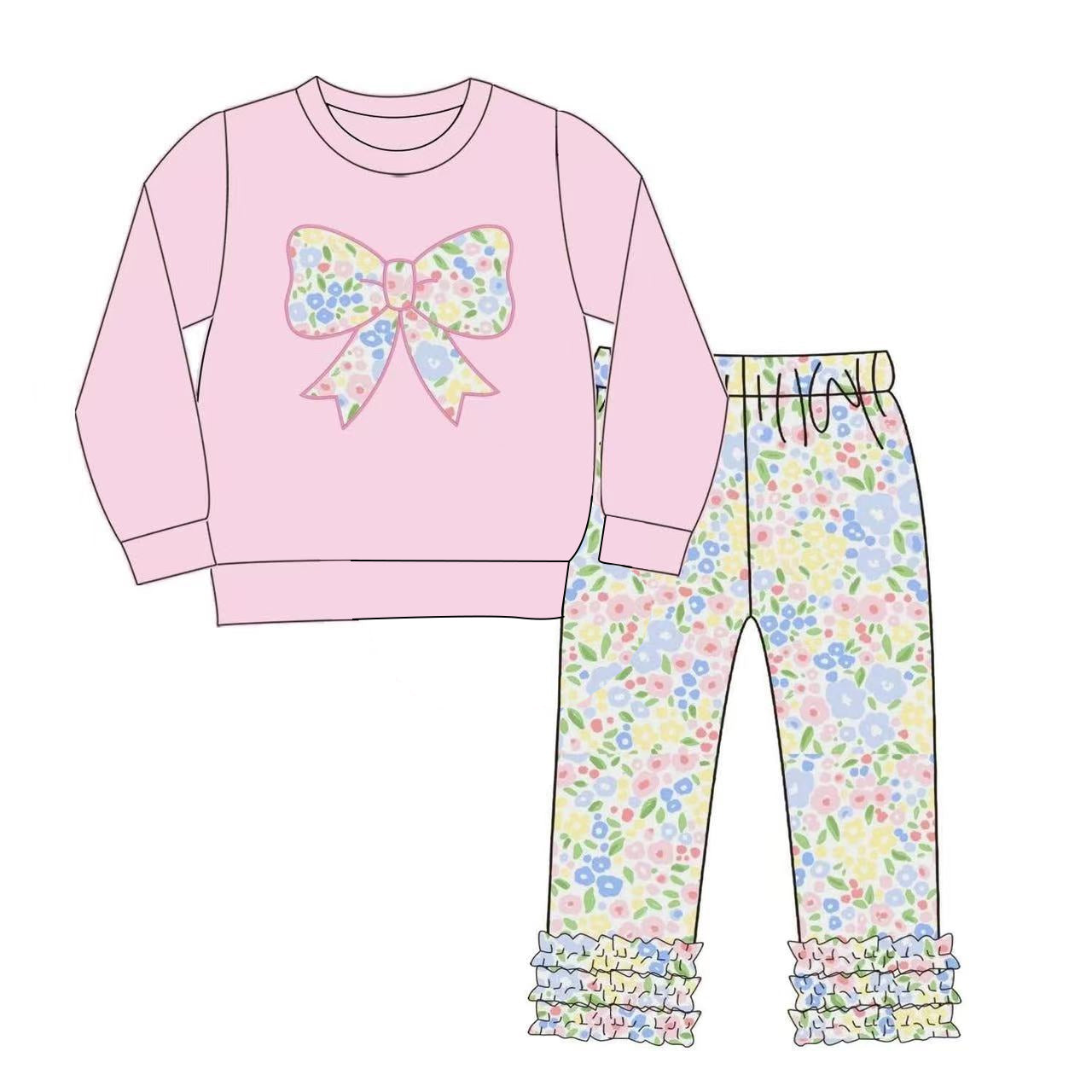 Baby Girls Pink Flowers Bows Top Ruffle Leggings Clothes Sets Preorder
