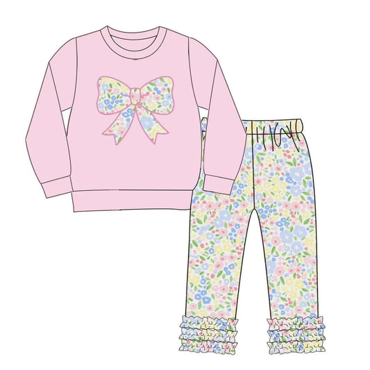 Baby Girls Pink Flowers Bows Top Ruffle Leggings Clothes Sets Preorder