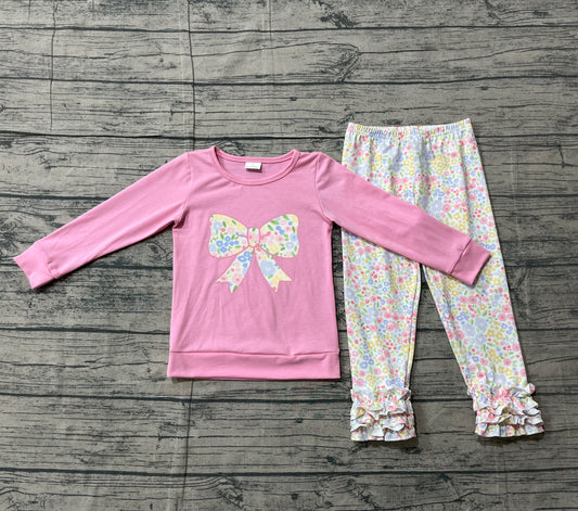 Embroidery Flowers Bows Baby Girls Pink Top Ruffle Leggings Pants Clothes Sets Preorder