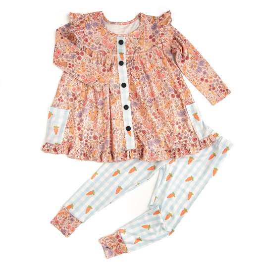 Baby Girls Floral Rabbits Button Pockets Tunic Carrots Leggings Easter Clothes Sets Preorder