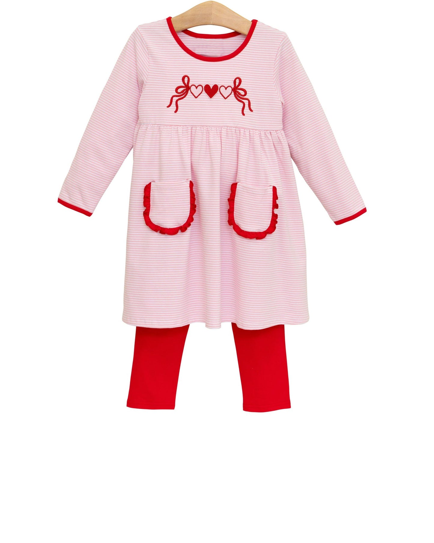 Baby Girls Pink Stripe Heart Bows Pockets Tunic Leggings Valentines Clothes Sets Preorder