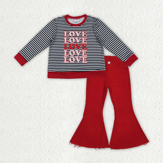 Baby Girls Black Stripe Loves Top Red Denim Bell Bottom Pant Valentines Clothes Sets