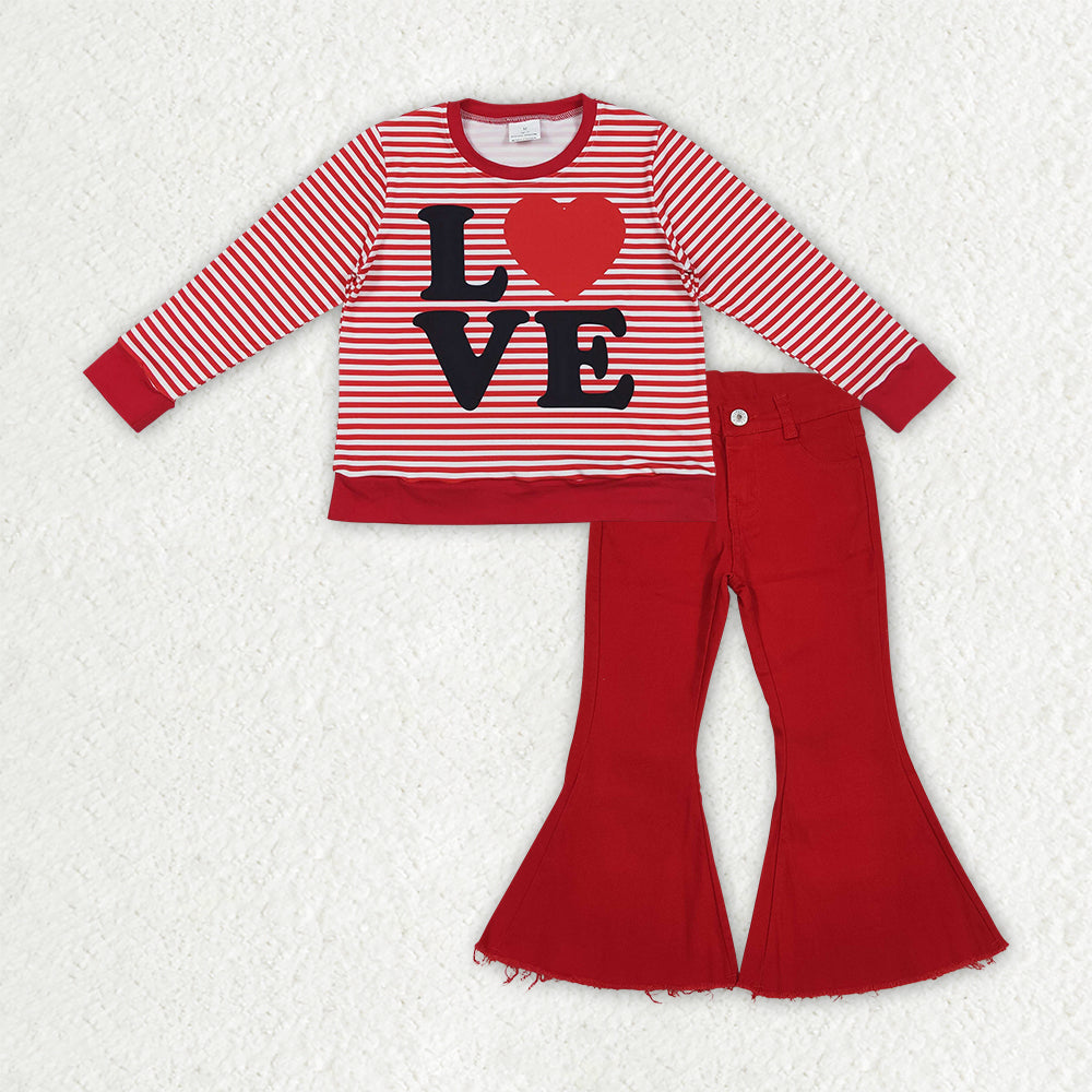 Baby Girls Red Stripe Loves Top Red Denim Bell Bottom Pant Valentines Clothes Sets