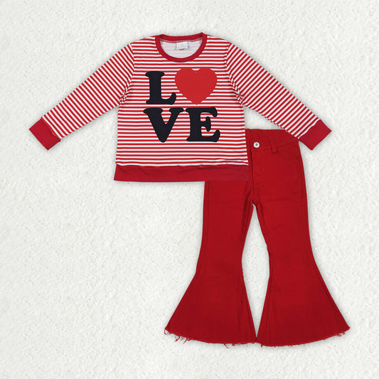 Baby Girls Red Stripe Loves Top Red Denim Bell Bottom Pant Valentines Clothes Sets