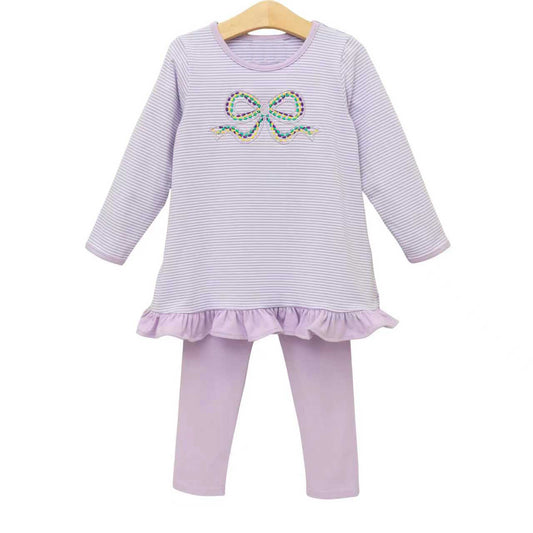 Baby Girls Mardigras Bow Stripe Ruffle Tunic Legging Pants Clothes Sets Preorder